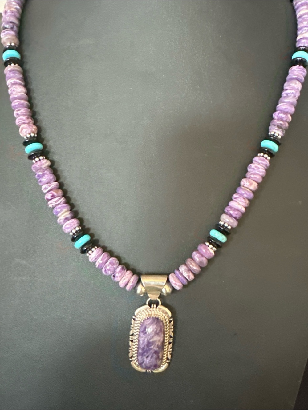 Purple Charoite Bead Necklace with Turquoise Sterling Silver Pendant 21” 20304